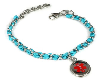 Personalized Medical Bracelet for Women & Kids Engraved Free 316L Stainless Steel, Teal Silk and Steel Chain, Red | Custom Sized - R2R-TJT