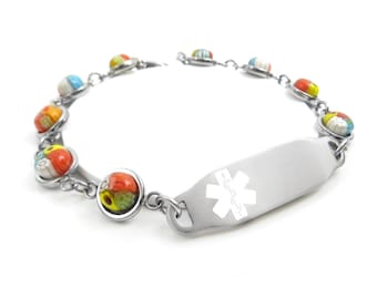 Custom Medical Bracelets for Women with Free Engraving 316L Stainless Steel, Flowery Round Glass, White alert Symbol | Custom Made - i2C-YR3