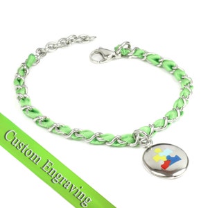Autism Awareness Bracelet, Engraved, Green Silk and Steel Chain - R3-TJG
