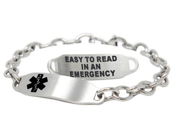 Custom Medical Alert Bracelet Women, Black ID Engraved Free 316L Stainless Steel, O-LINK Chain | Medic ID card Included - i2C-BS2