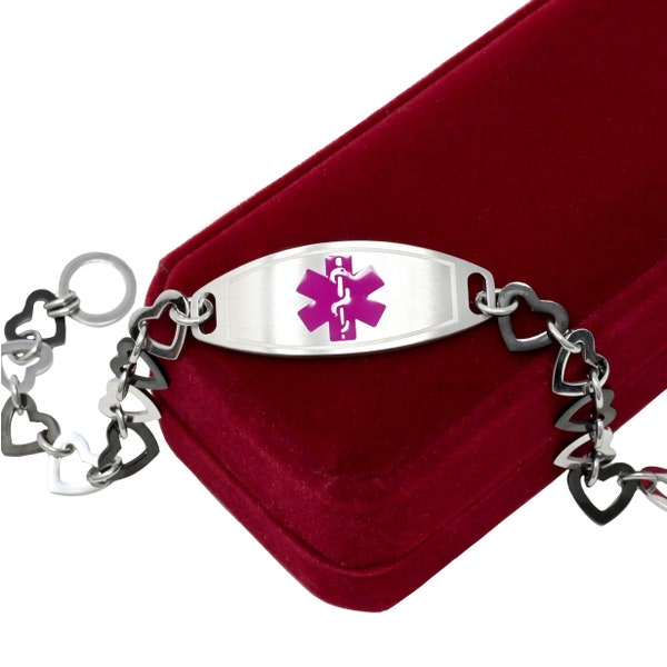 Custom Medical Alert Bracelet Women with Free Engraving 316L Stainless Steel, Black & Silver Heart, Purple ID | Hand Made in USA - i1C-B11