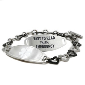 Custom Medical ID Bracelet Women, White ID With Free Engraving 316L Stainless Steel, Black & Silver Heart | Hand Made in USA - i1C-B11