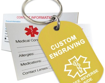 May include: Yellow metal keychain with a medical symbol and the text "CUSTOM ENGRAVING" and "SEE REVERSE SIDE".