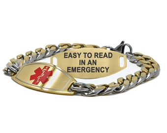 Custom Medical Bracelet Men Engraved Free 316L Stainless Steel, Gold Tone Plated Red ID, Gold and Silver Tone Plated Chain | USA - i1RD-BSG3