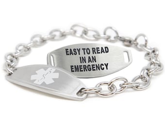 Personalized Medical Alert Bracelets for Women with Free Engraving 316L Stainless Steel, O-LINK Chain, White ID | Hand Made in USA - i1C-BS2