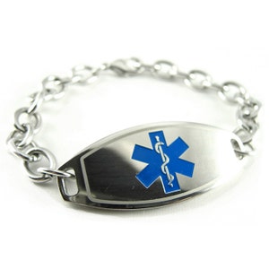 Custom Medical Alert Bracelet Women with Free Engraving 316L Stainless Steel O-Link, Blue ID, Personalized | USA i1C-BS2