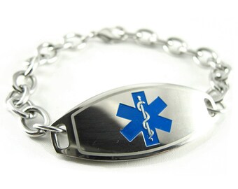 Custom Medical Alert Bracelet Women with Free Engraving 316L Stainless Steel O-Link, Blue ID, Personalized | USA i1C-BS2