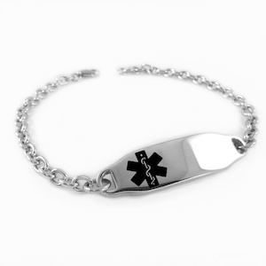 May include: A silver medical ID bracelet with a black star of life symbol and a chain link design.