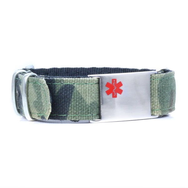 Personalized Medical ID Bracelet With Free Engraving 316L Stainless Steel, Camouflage Canvas Band, Red Alert Symbol | Made in USA - iSS-55A