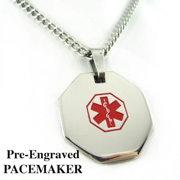 Pre-Engraved PACEMAKER Medical Alert Necklace, Stainless Steel, P1