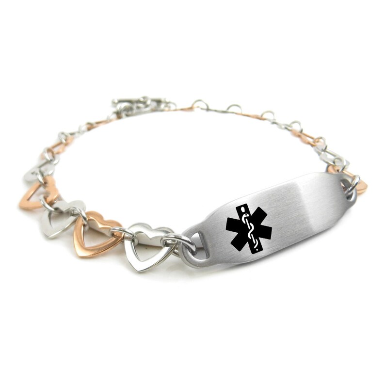 Rose Gold /& Silver Hearts Chain i2C-B12 Black Custom Engraved FREE Medical Alert Bracelet