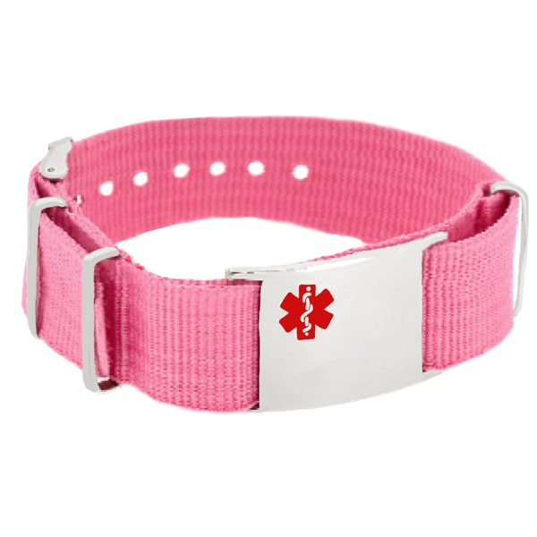 Custom Medical ID Bracelet with Free Engraving 316L Stainless Steel, Pink Canvas Band, Red Symbol | Medic ID card Included - iSS-55E