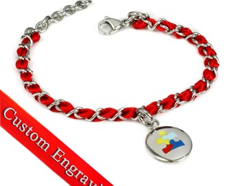 Autism Awareness Bracelet, Engraved, Red Silk and Steel Chain - R3-TJR