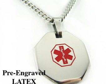 Pre-Engraved LATEX ALLERGY Medical Alert Necklace, Stainless Steel, P1