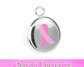 Pink Ribbon Breast Cancer Awareness Charm, Stainless Steel, Custom Engraved - R1P