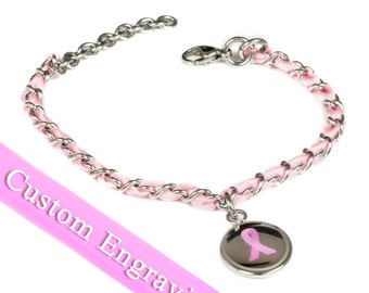 Pink Charm Bracelet, Breast Cancer Awareness, Engraved, Silk and Steel Chain - R1P-TJP