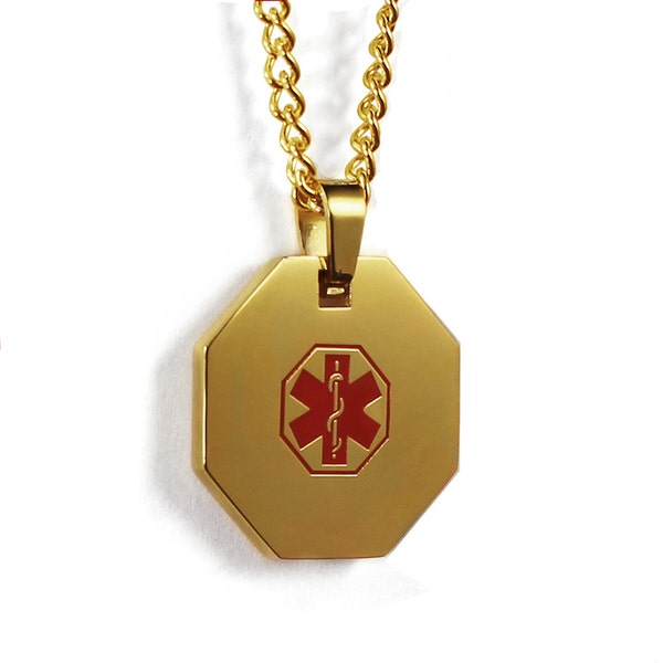 Steel Medical Alert Necklace, Gold Toned, Red Symbol - P1RD-N24D