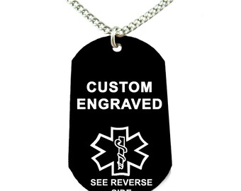 Medical Alert ID Dog Tag, Custom ENGRAVED FREE, Black Aluminum - PDA2C-N