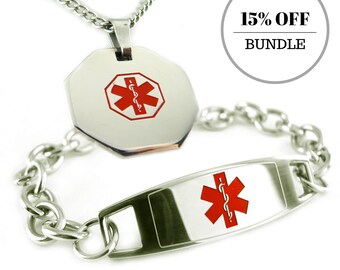 Medical Alert O-Link Bracelet and ID Necklace, Custom Engraved, Stainless Steel, BD-(i4R-BS2)--(P1R-N27)