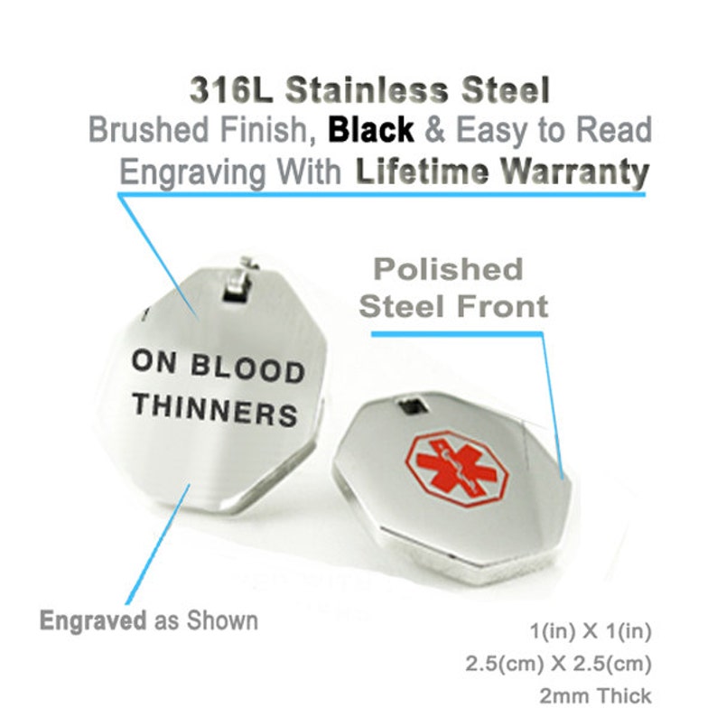 Pre-Engraved ON BLOOD THINNERS Medical Alert Necklace, Stainless Steel, P1 image 2