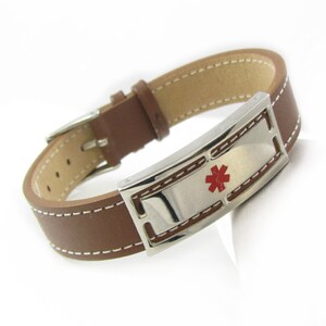 Brown Leather Medical Alert Bracelet, CUSTOM ENGRAVED, Mens & Womens - iW1-WS1BR