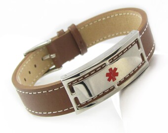 Brown Leather Medical Alert Bracelet, CUSTOM ENGRAVED, Mens & Womens - iW1-WS1BR