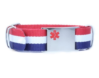 Custom Medical ID Bracelet with Free Engraving 316L Stainless Steel, Red Symbol, White and Blue Canvas Band | Custom Made - iSS-55G