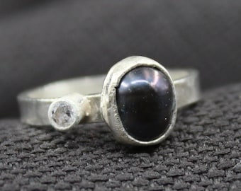 Bague Argent 925 Perle Et Strass Noirs Taille 52 - Fantaisie Chic | Occasion Très Bon état