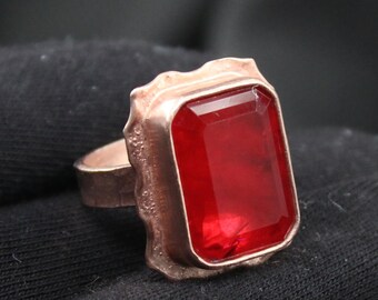 Bague rectangle rouge rubis - Argent 925 fait main avec placage or rose