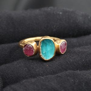 Raw Ruby and Apatite Ring in 22k Gold Over Sterling Silver – Handmade Gemstone Jewelry - Christmas Gift For Her