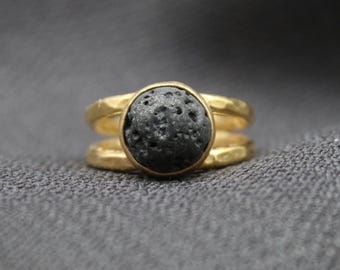 Lava Ring In 925 Solid Sterling Silver, Handcrafted Black Lava Stone Ring, Adjustable Statement Jewelry Gift For Her, Unique Earthy Design