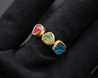 Raw Apatite And Ruby Ring In 925 Sterling Silver, Handmade Gemstone Ring With Neon Blue Apatite, Green Apatite, Raw Ruby, Gift For Her