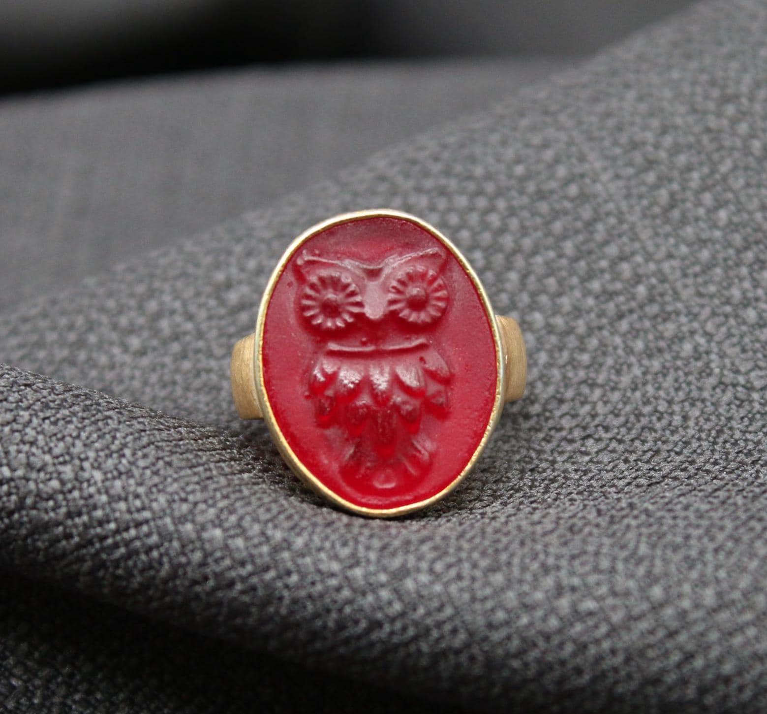 Handmade Owl Intaglio Ring, 925 Sterling Silver Glass Cameo, Vintage Style Seal Ring, Unique Jewelry