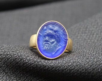 Handcrafted Zeus Intaglio Ring, 925 Sterling Silver Blue Glass Engraved Ring, Greek God Jewel Inspired Gift For Him Or Her, Mothers Day Gift