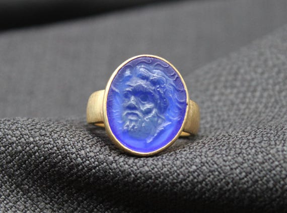 Handcrafted Zeus Intaglio Ring, 925 Sterling Silver Blue Glass Engraved Ring, Greek God Jewel Inspired Gift For Him Or Her, Mothers Day Gift