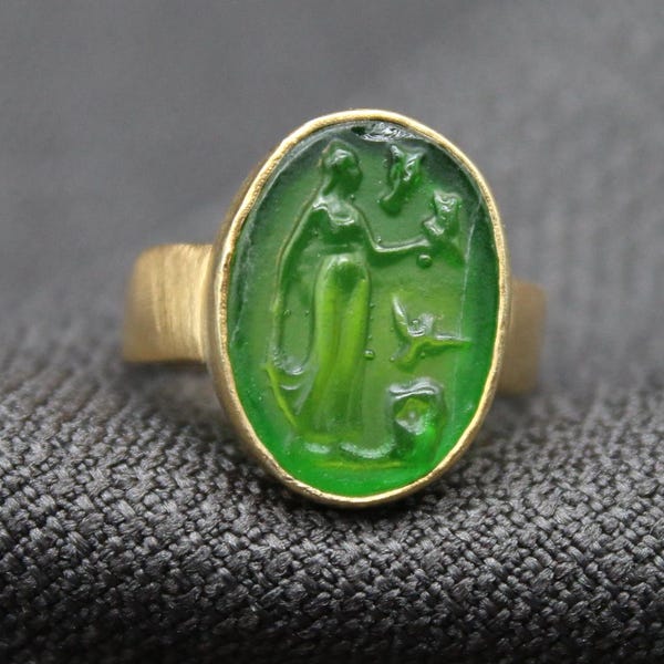 Handcrafted Aphrodite Intaglio Ring, 925 Sterling Silver Green Glass Seal Ring, Greek Goddess Jewelry, Vintage Inspired Gift For Her Or Him