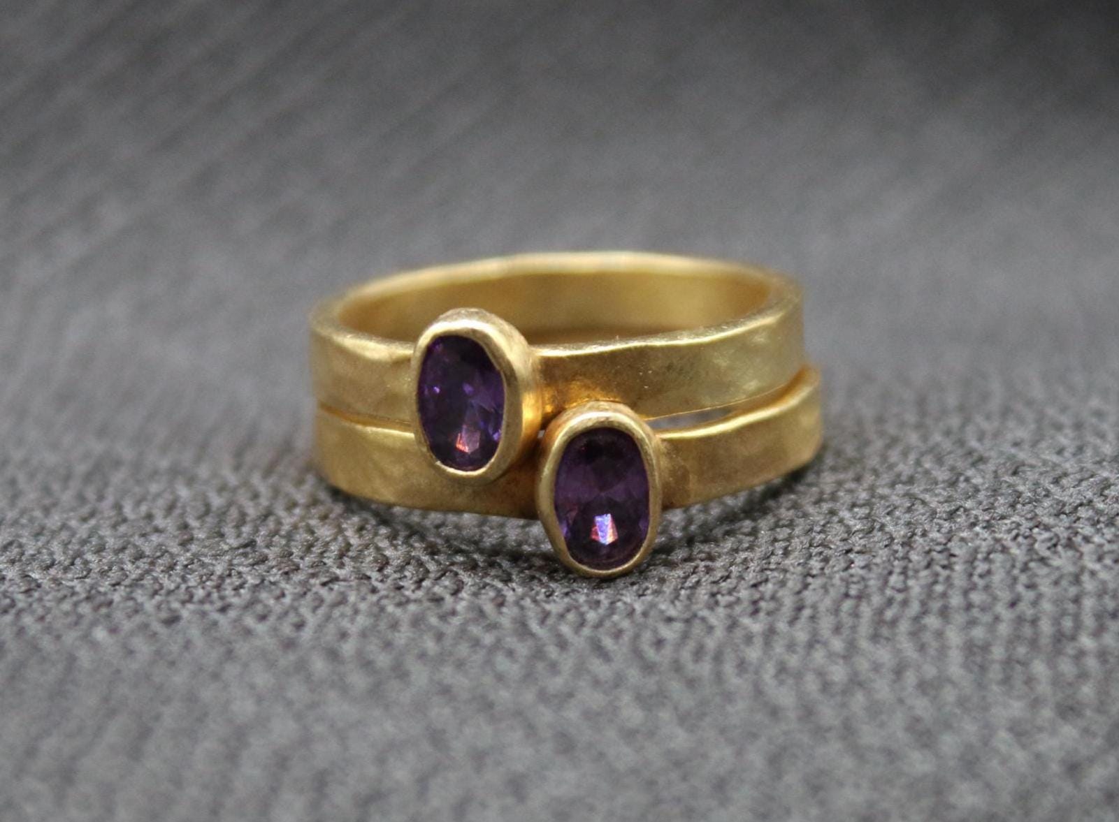 Minimalist Amethyst Double Ring In 925 Sterling Silver, Handmade Stackable Gemstone Ring Set For Women, Gift For Her, Purple Crystal Jewelry