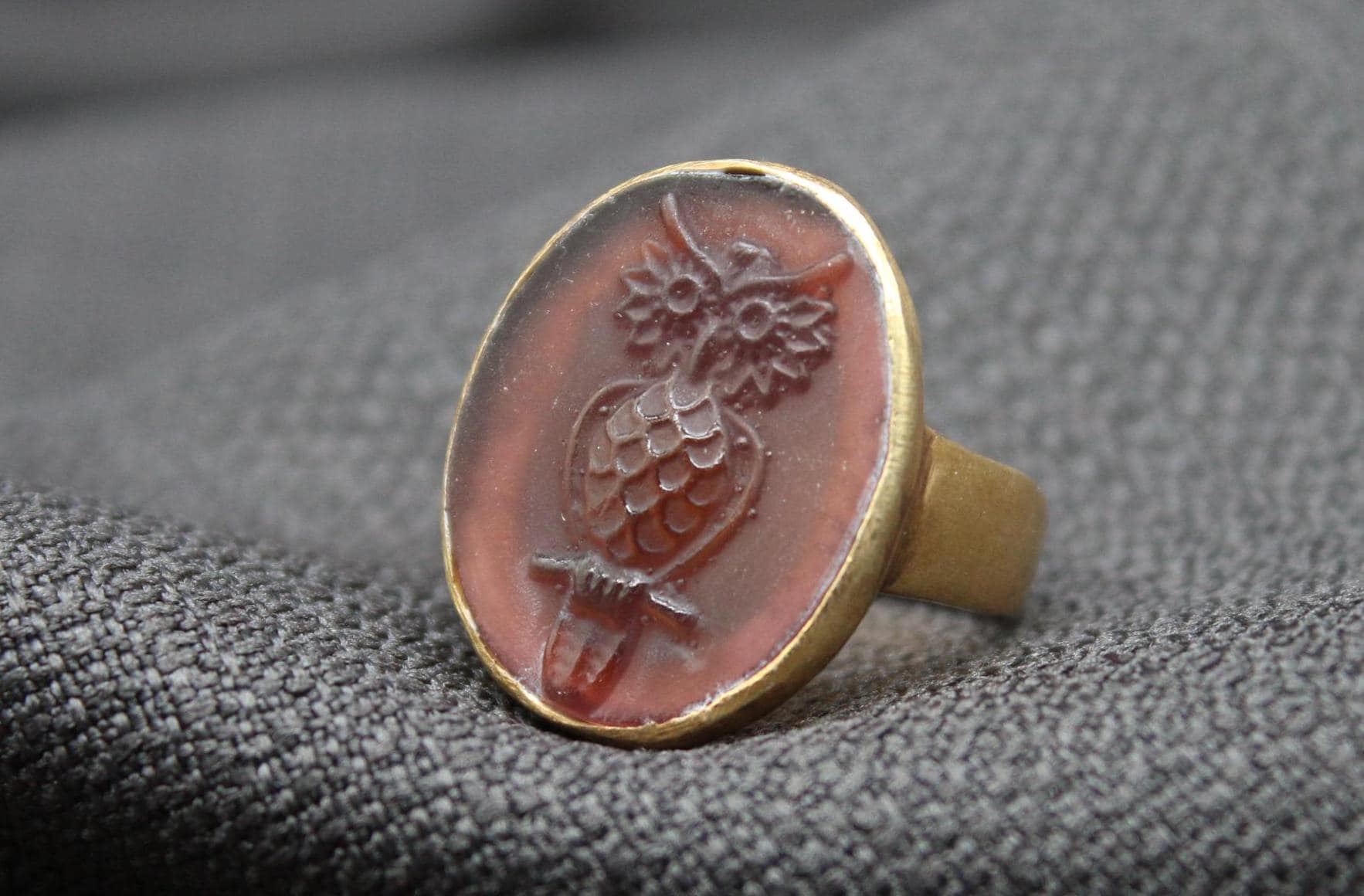 Handmade Owl Intaglio Ring, 925 Sterling Silver Glass Seal Ring, Ancient Greek Athena Symbol, Unique