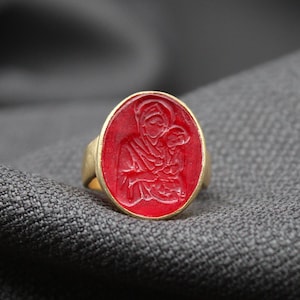 Virgin Mary Intaglio Ring, Handmade 925 Sterling Silver Cameo Glass Seal Ring, Religious Jewelry, Catholic Gift For Him Or Her, Mother’s Day