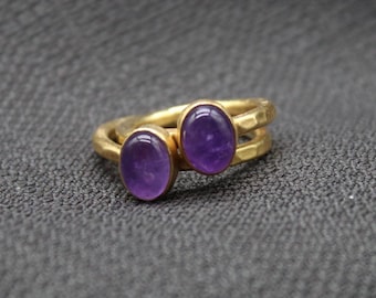 Amethyst Double Ring In 925 Sterling Silver, Handmade Statement Ring For Women, Adjustable Stackable Gemstone Ring, Gift For Her Jewelry