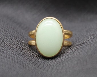 Jade Ring, Handmade 925 Sterling Silver Oval Jade Ring, Adjustable Gold-Plated Statement Ring, Elegant Gemstone Jewelry, Gift for Her