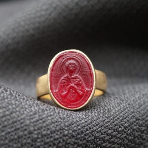Saint Mary Ring, Handmade Intaglio Glass 925 Sterling Silver, Religious Jewelry, Christian Statement Ring, Mother’s Day Gift for Her or Him