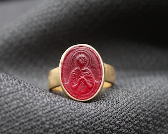 Saint Mary Ring, Handmade Intaglio Glass 925 Sterling Silver, Religious Jewelry, Christian Statement Ring, Mother’s Day Gift for Her or Him