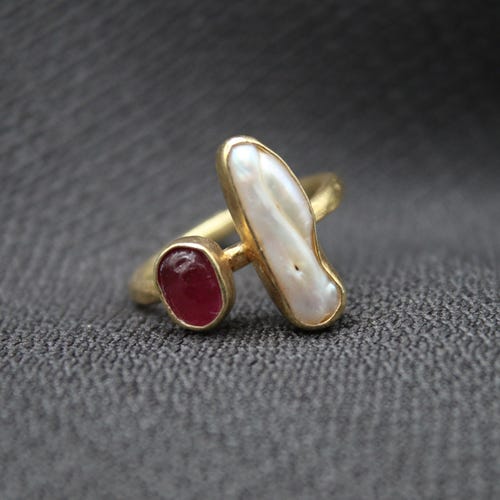 Bague rubis brut et perle faite main en argent sterling 925, bague avec pierre de naissance unique pour femme, cadeau de fête des mères pour elle, bijoux tendance bohème