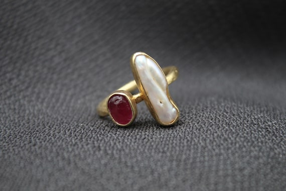 Raw Ruby And Pearl Ring Handmade In 925 Sterling Silver, Unique Birthstone Ring For Women, Mother's Day Gift For Her, Boho Statement Jewelry