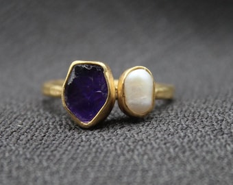 Raw Amethyst And Pearl Ring In 925 Sterling Silver, Handmade Double Gemstone Birthstone Ring For Women, Unique Gift For Her, Boho Jewelry