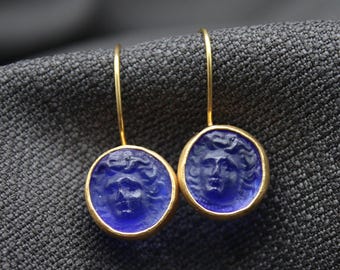 Medusa Earrings, Handmade 925 Sterling Silver Blue Intaglio Glass Earrings, Greek Mythology Jewelry, Statement Dangle Earrings, Gift for Her
