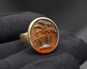 Palm Island Ring, Handmade Intaglio Glass 925 Sterling Silver, Tropical Jewelry, Statement Ring for Men & Women, Mother’s Day Gift