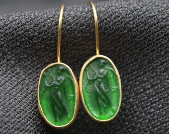 Apollo Earrings, Handmade 925 Sterling Silver Green Intaglio Glass Earrings, Mythology Jewelry Gift for Her, Greek God Cameo Dangle Earrings
