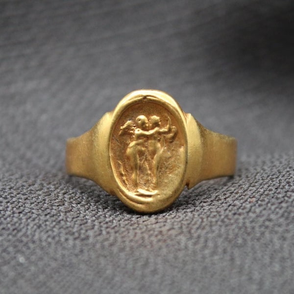 Aphrodite And Eros Signet Ring In 925 Solid Sterling Silver, Handmade Greek Mythology Ring, Unisex Jewelry Gift For Her Or Him